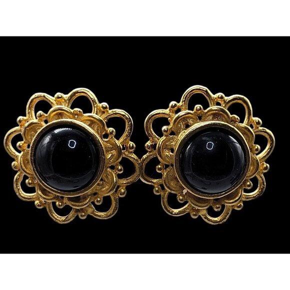 Runway Style Clip-On Earrings Gold Black Stone Center - Picture 8 of 14
